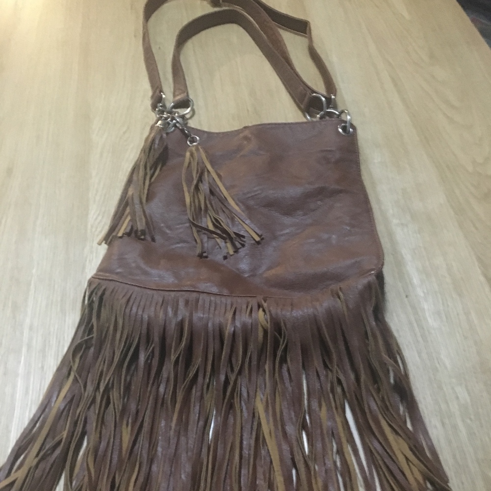 Poppie Jones Cognac Boho Fringe Studded Purse
